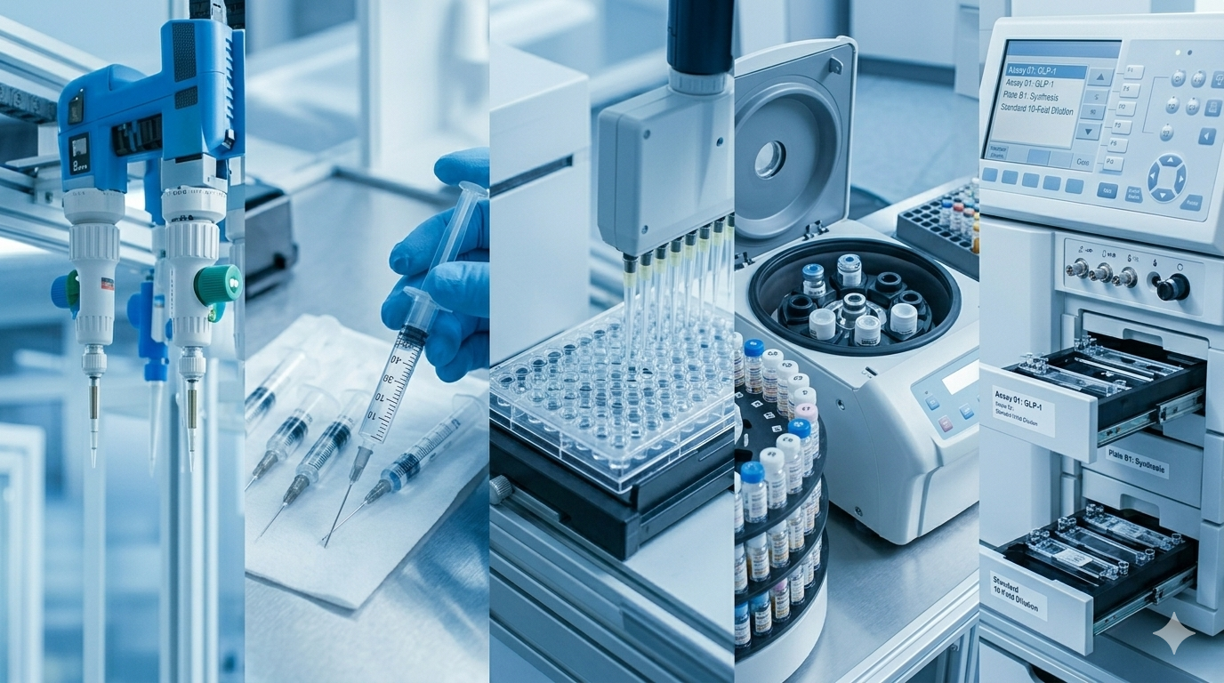 US delivery driver handing peptide package to researcher at laboratory door